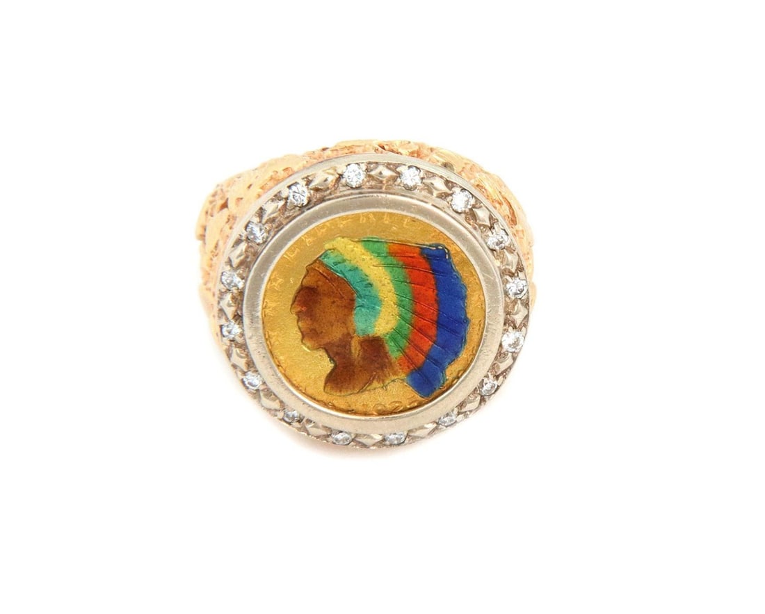 Vintage 22k Gold Indian Chief Coin Ring with Diamonds (1 of 4)