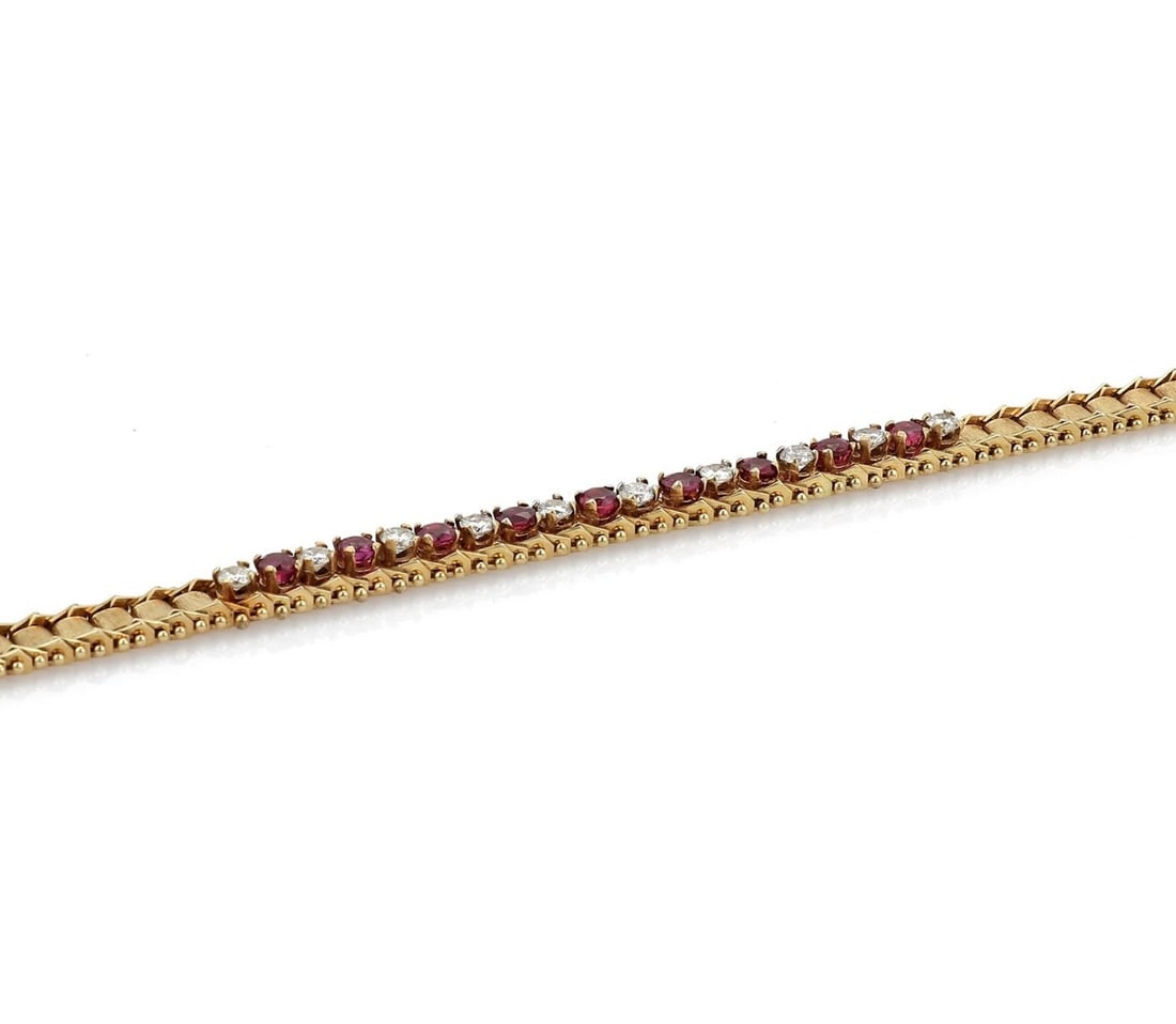 Vintage 14k Yellow Gold Diamond Ruby Bracelet Elegant Design - 3