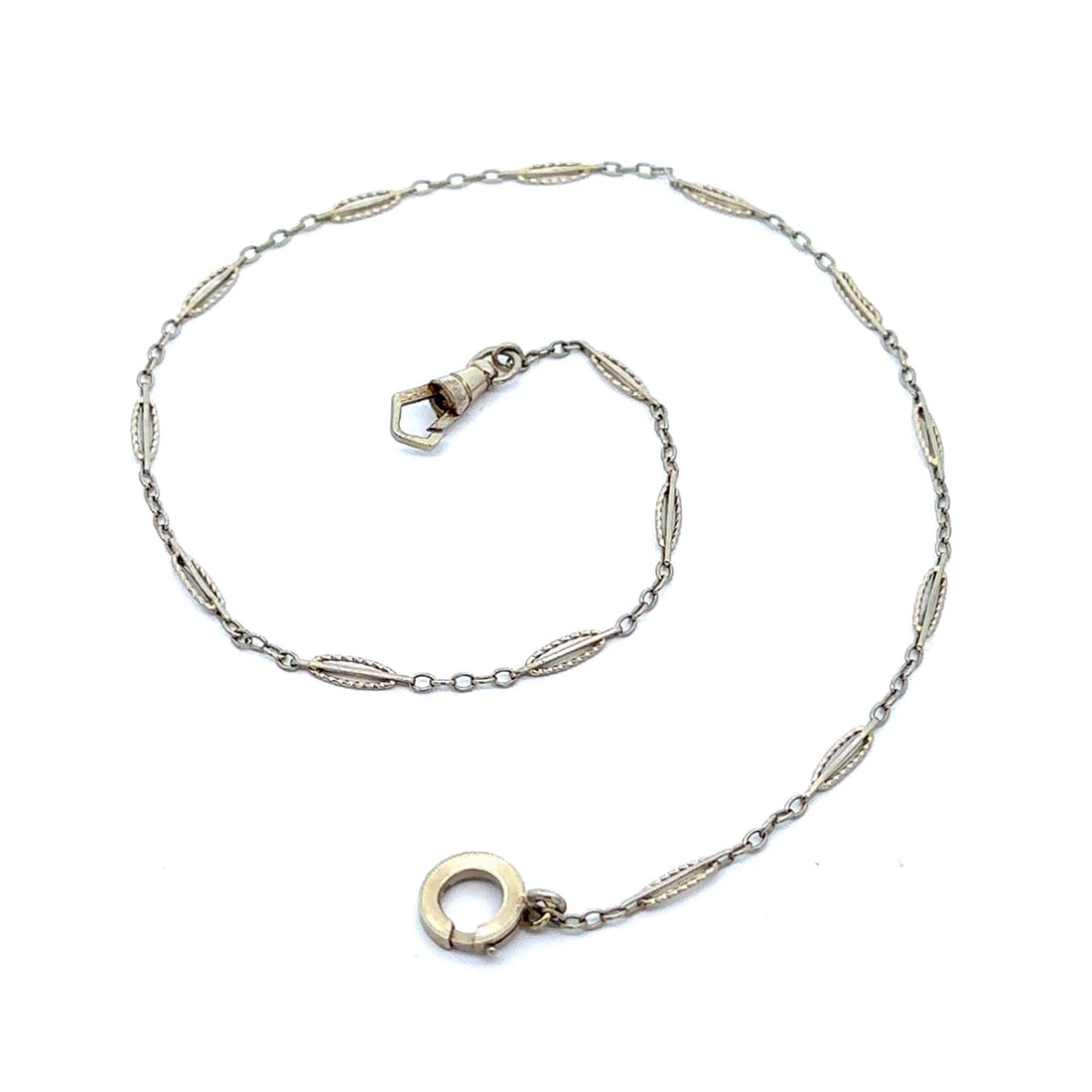 Vintage 14K White Gold Pocket Watch Chain Necklace with Dog Clip: Vintage 14K White Gold Pocket Watch Chain Necklace with Dog Clip Explore this exquisite vintage pocket watch chain necklace, crafted from 14K solid white gold. This detailed link chain features a leng