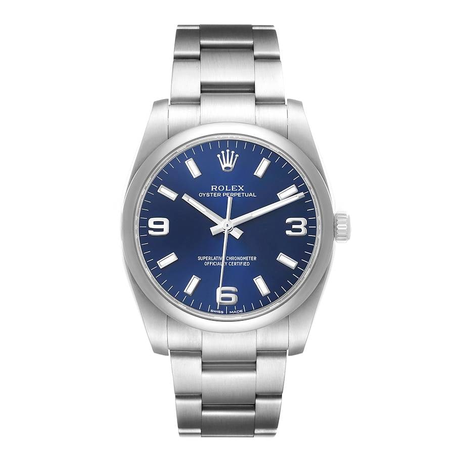 Oyster Perpetual 114200 Blue Dial Rolex Watch with 2019 New Style Card: Oyster Perpetual 114200 Blue Dial Rolex Watch with 2019 New Style Card This Rolex Oyster Perpetual features a blue dial and smooth bezel, paired with an Oyster bracelet. The watch is identified by ref