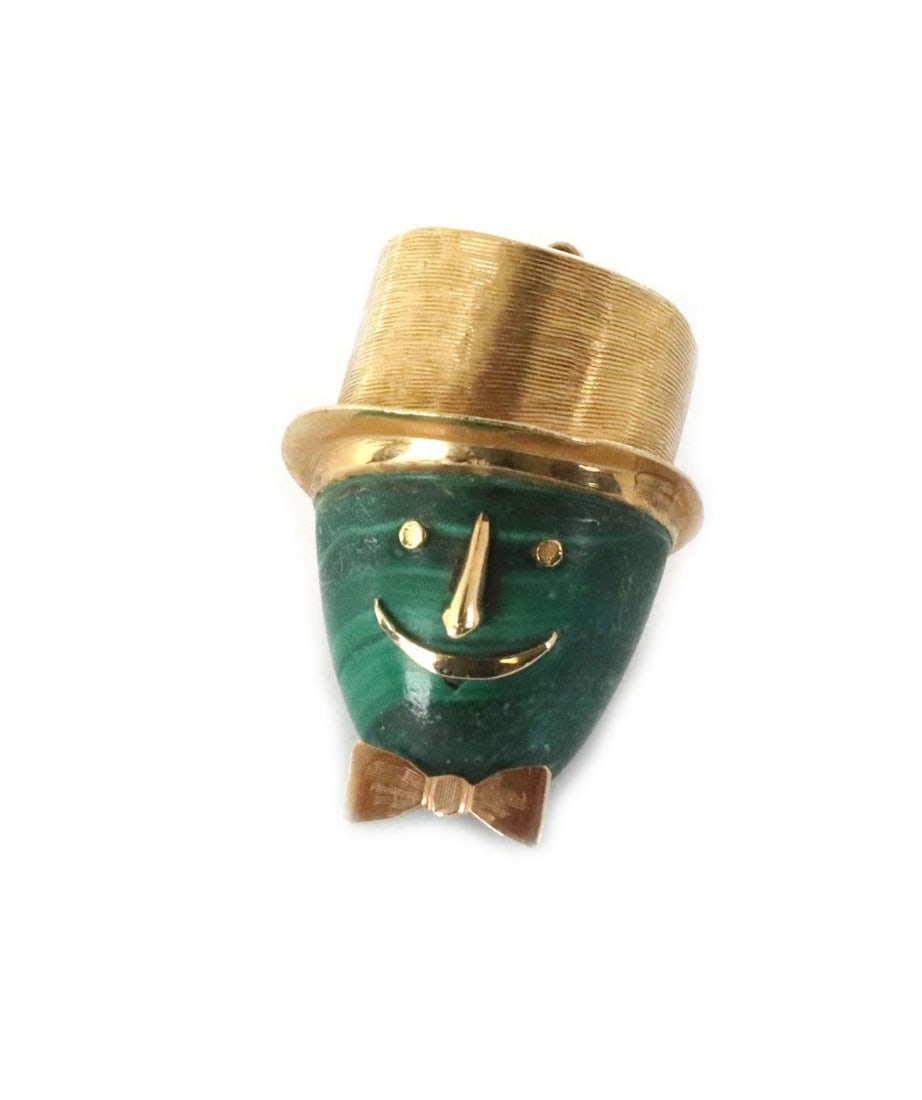 Unique 18k Yellow Gold Malachite Man's Face Hat Bow Tie Pendant (1 of 5)