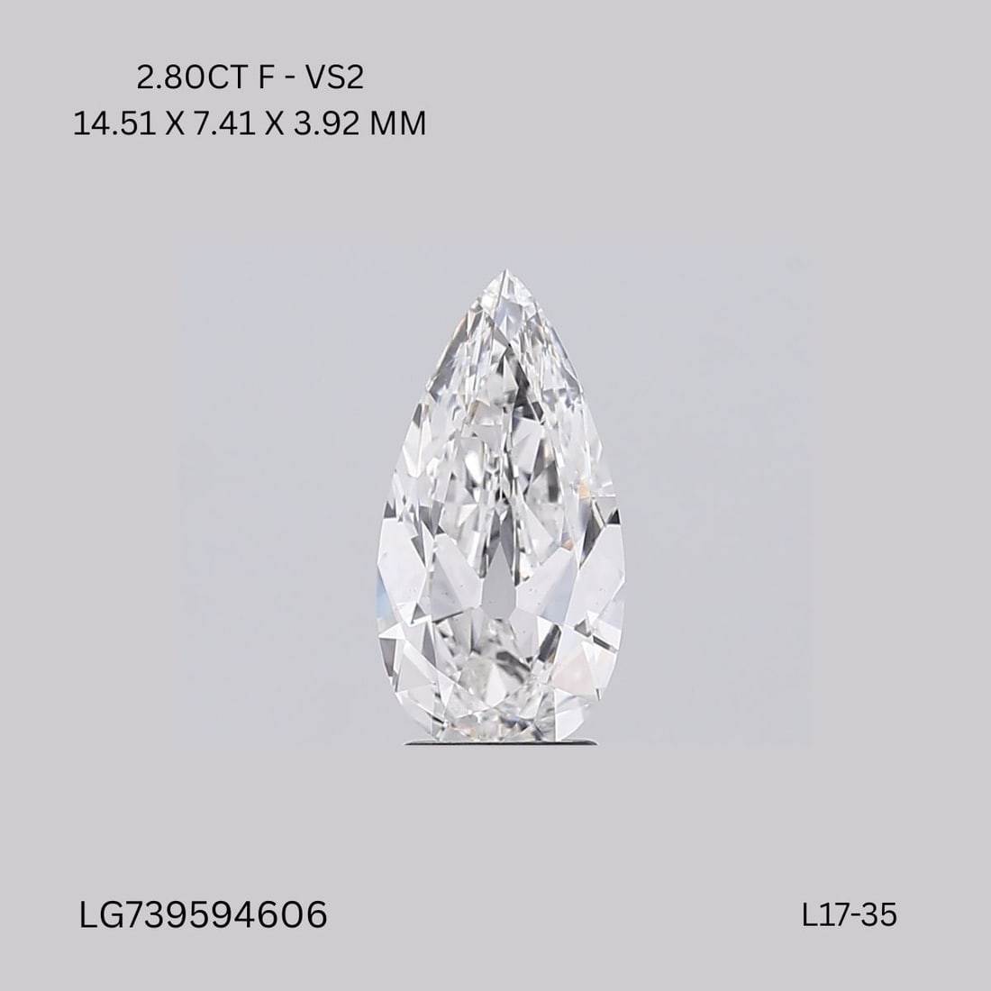 Loose Diamond - PEAR 2.8ct F VS2: Loose Diamond - PEAR 2.8ct F VS2 Source: This is a real non-mined Diamond that has been grown in a lab Shape: PEAR Carats: 2.8 Color: F Clarity: VS2 Certification: IGI Video: