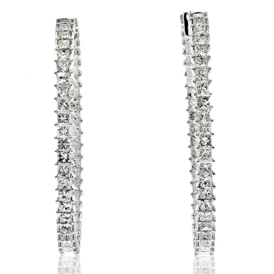 Stunning 18K White Gold 9.62ct Princess Cut Diamond Hoop Earrings: Stunning 18K White Gold 9.62ct Princess Cut Diamond Hoop Earrings Elevate your style with these stunning 18K White Gold Hoop Earrings, embellished with a remarkable total diamond weight of 9.62 carats