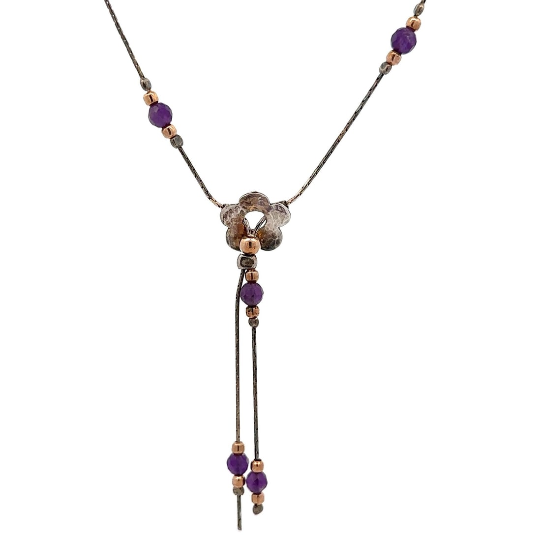 Amethyst Beads Flower Lariat Necklace Sterling Silver Yellow Gold Filled: Amethyst Beads Flower Lariat Necklace Sterling Silver Yellow Gold Filled This exquisite necklace features a stunning lariat design, showcasing nine natural genuine amethyst beads. Each round faceted