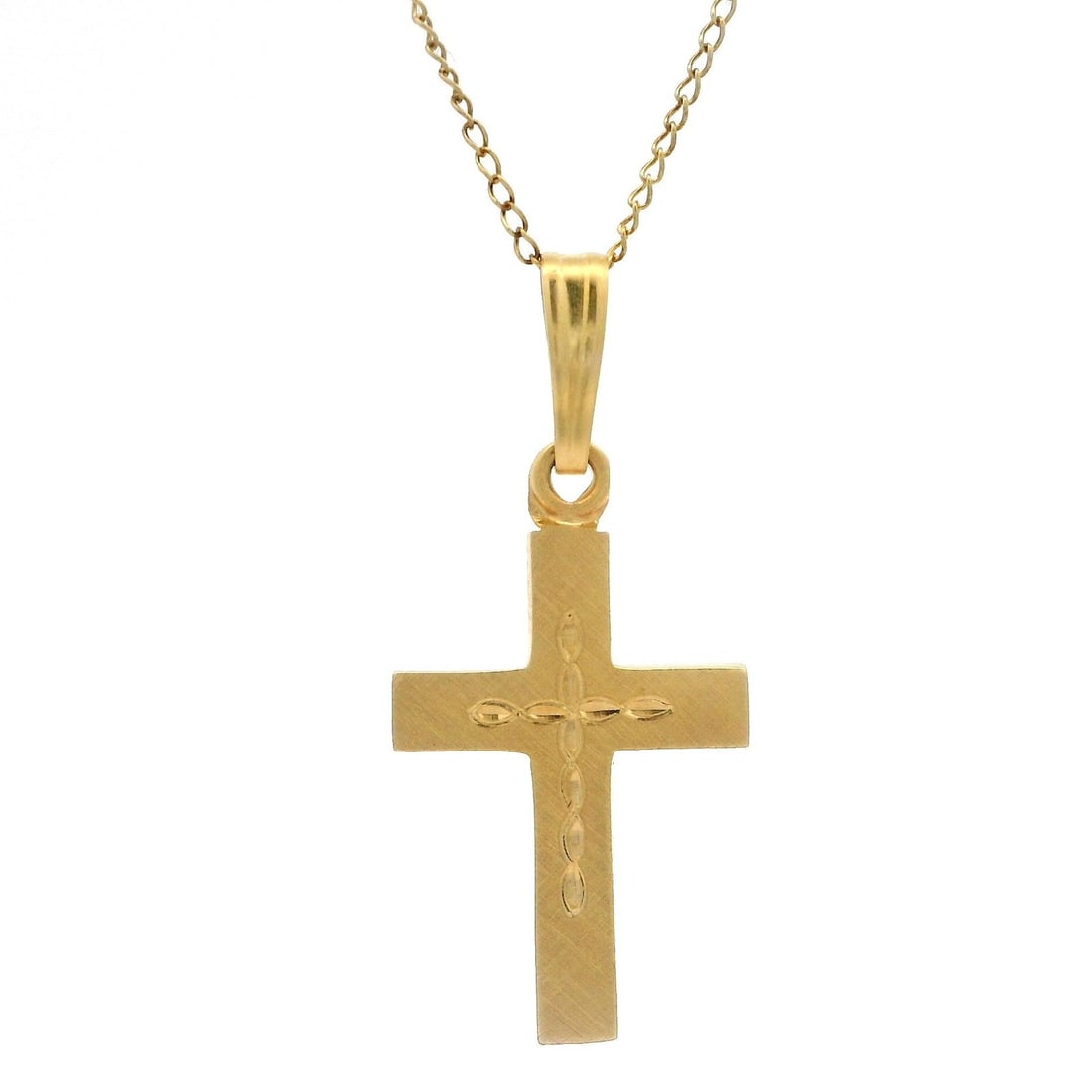 Vintage 14k Yellow Gold Hand Etched Cross Pendant Necklace: Vintage 14k Yellow Gold Hand Etched Cross Pendant Necklace This stunning vintage cross pendant necklace is crafted from solid 14k yellow gold, showcasing a hand-etched Florentine finish that adds uniq