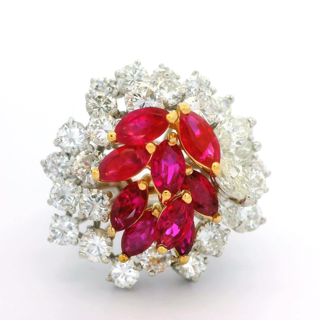 Vintage 7ctw Ruby Diamond Cluster Ring Handmade Wire Platinum Gold: Vintage 7ctw Ruby Diamond Cluster Ring Handmade Wire Platinum Gold This stunning handmade cocktail ring features a dazzling cluster of natural rubies and diamonds, set in a combination of solid platin