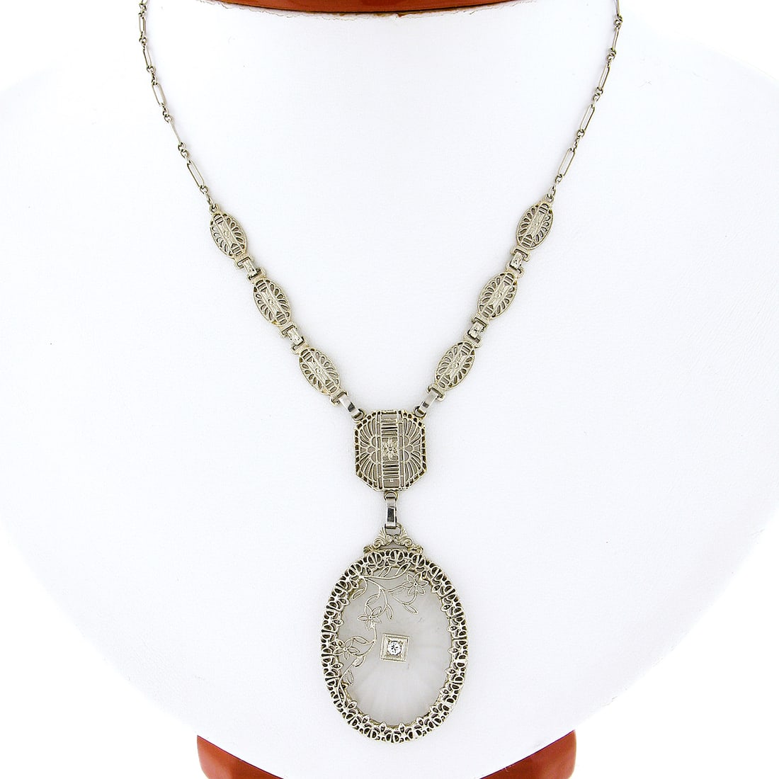 Antique Art Deco 14K White Gold Diamond Camphor Glass Pendant Necklace (1 of 8)