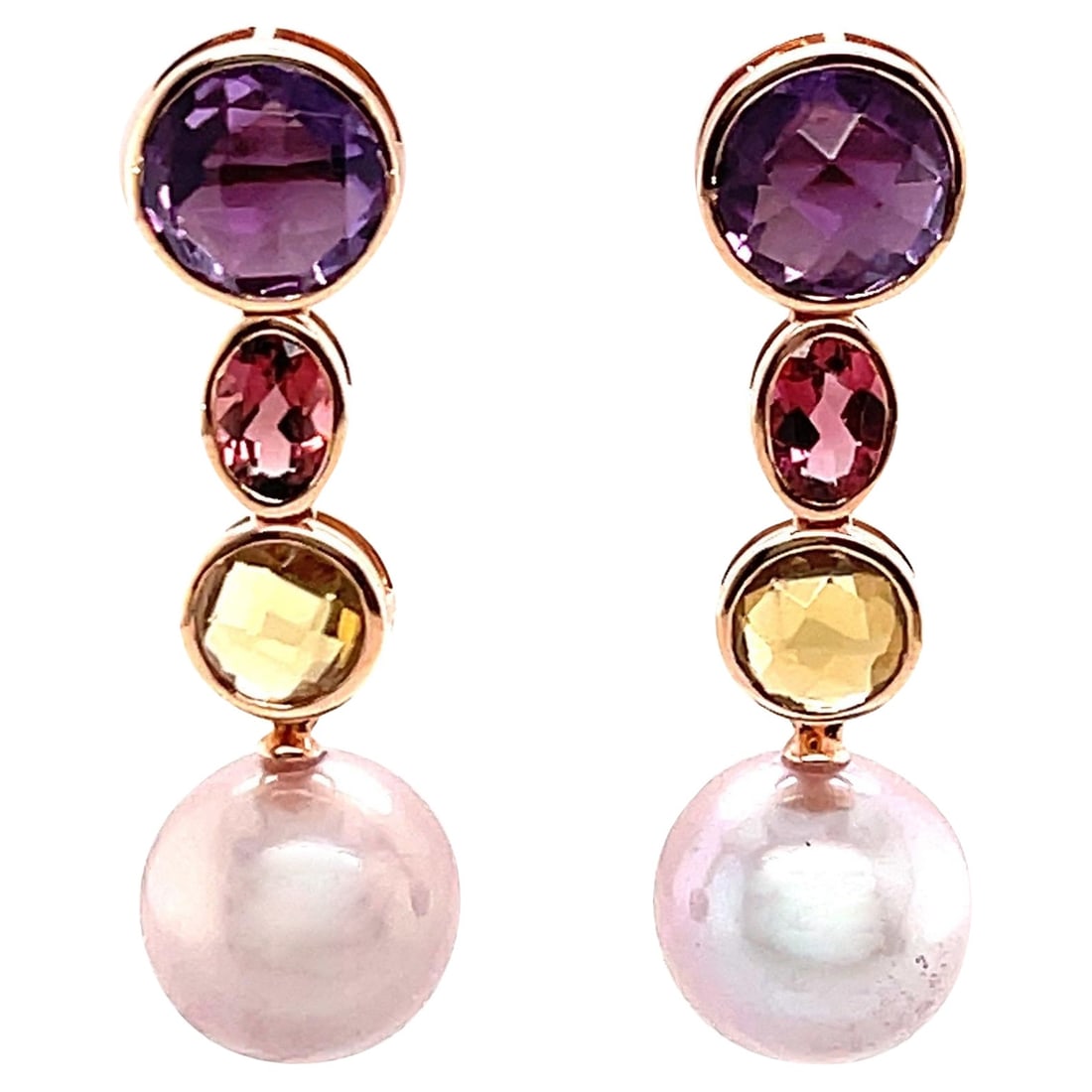 Harbor Diamonds Multi-Colored Gemstone Drop Earrings 18K Rose Gold: Harbor Diamonds Multi-Colored Gemstone Drop Earrings 18K Rose Gold These exquisite dangle drop earrings feature a stunning assortment of multi-colored gemstones set in luxurious 18K rose gold. The cap