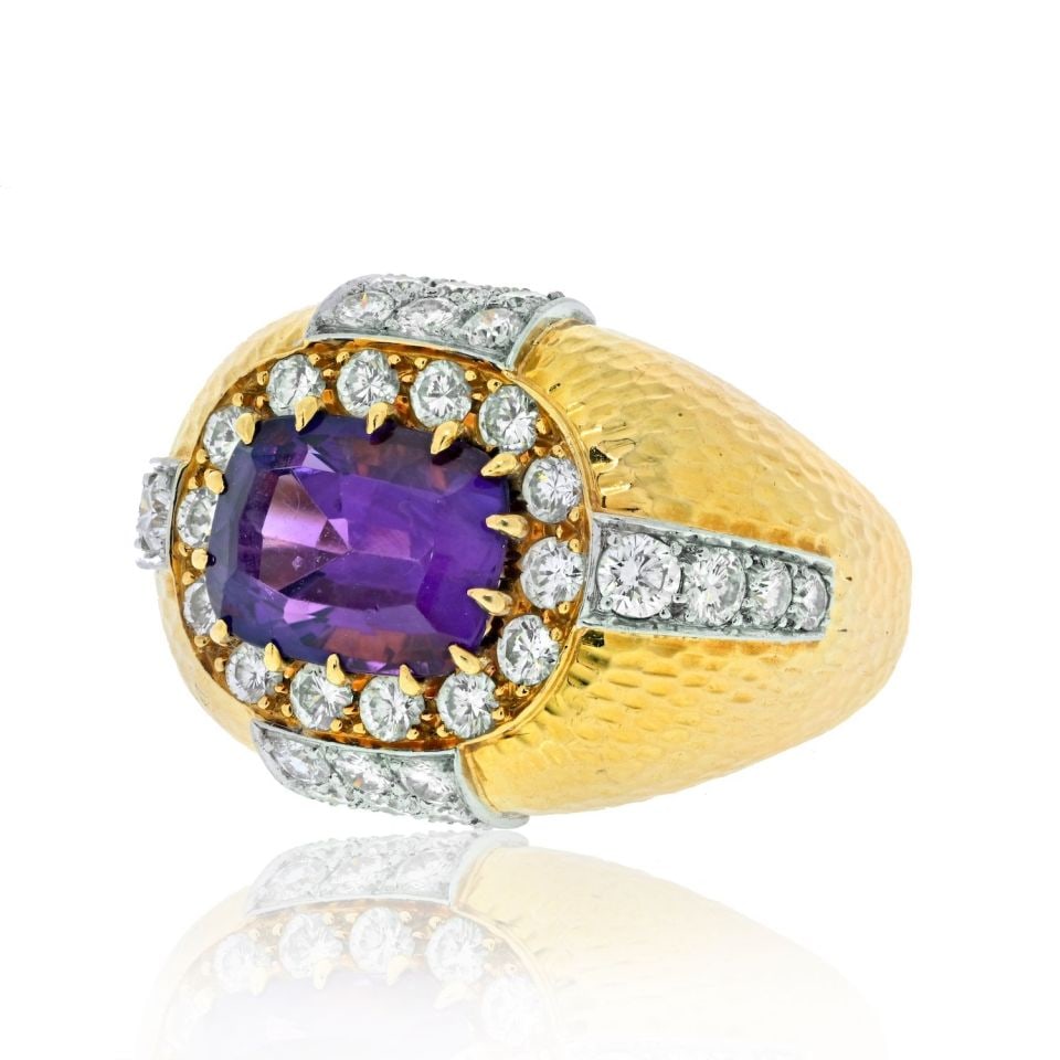 David Webb Amethyst Diamond Ring Platinum 18K Gold Hammered Finish (1 of 4)