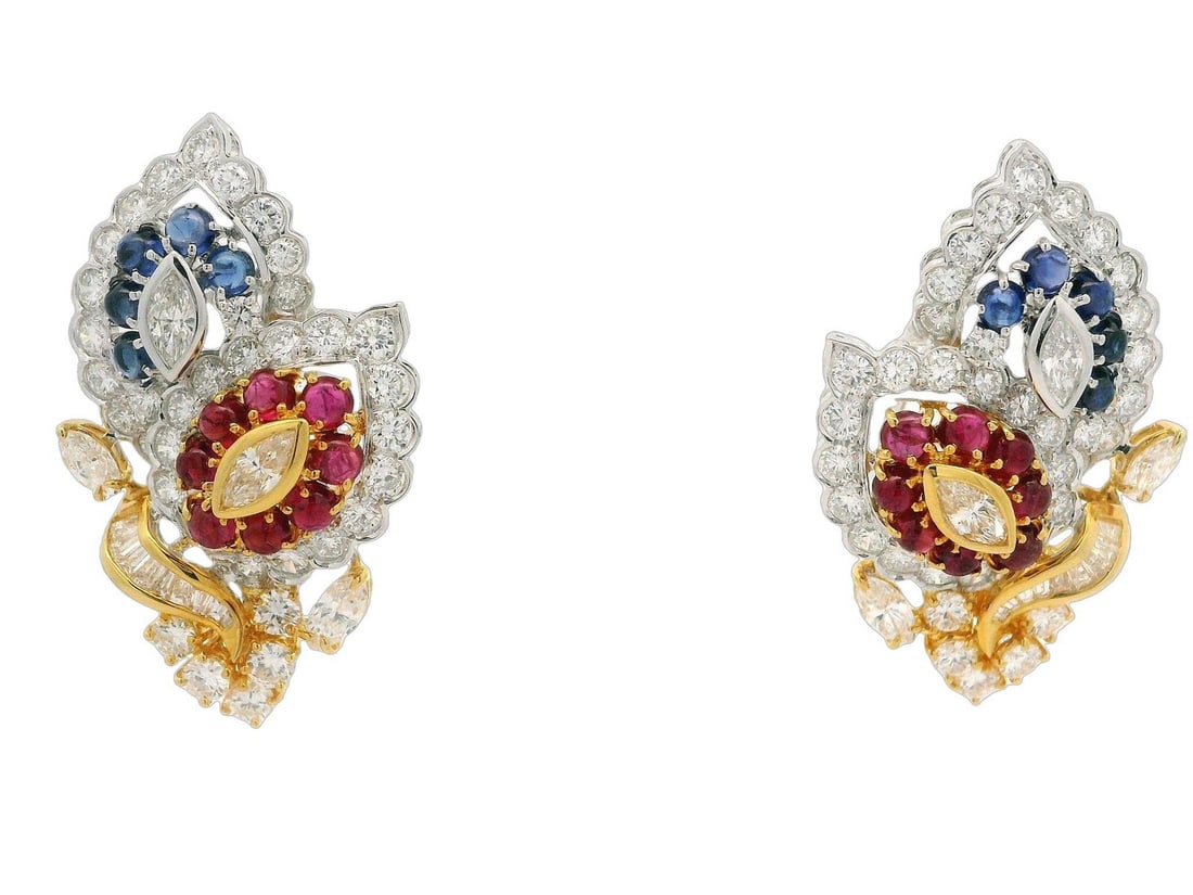 18k Gold Dual Leaf Omega Earrings 9.54ctw Ruby Sapphire Diamond (1 of 8)