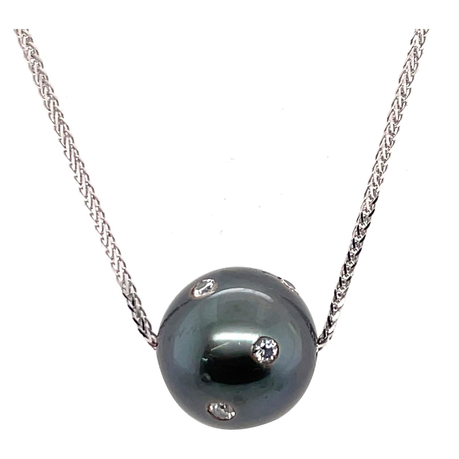 Harbor Diamonds 18K White Gold Tahitian Pearl Diamond Pendant Necklace 13-14mm 0.29ct (1 of 10)