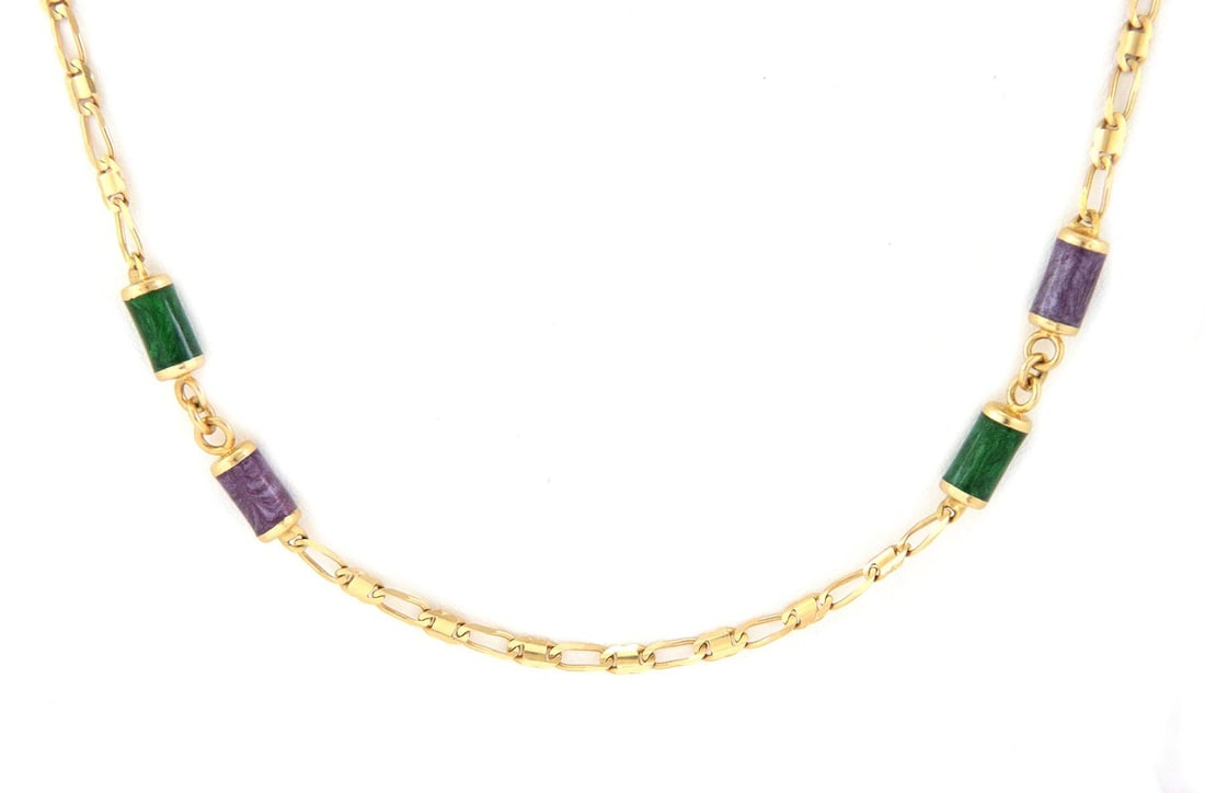 Elegant 18k Gold Necklace with Purple Green Enamel Cylinders: Elegant 18k Gold Necklace with Purple Green Enamel Cylinders This stunning necklace features a sophisticated design with 18k yellow gold and vibrant enamel accents. It showcases a slim figaro style ch