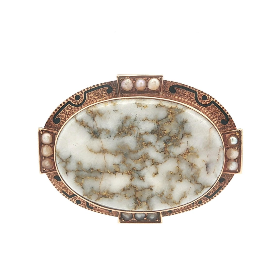 Victorian Era Yellow Gold Brooch with Quartz and Cultured Pearls Black Enamel (1 of 6)