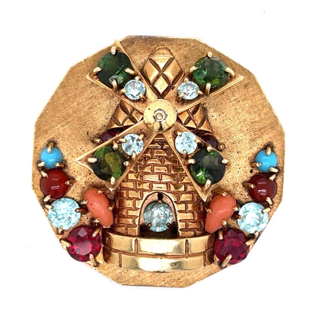 1960s 14K Yellow Gold Spinning Windmill Brooch Pendant: 1960s 14K Yellow Gold Spinning Windmill Brooch Pendant This exquisite 1960's pendant/brooch features a charming spinning windmill design crafted from 14K yellow gold. Weighing 26.9 grams, this piece c