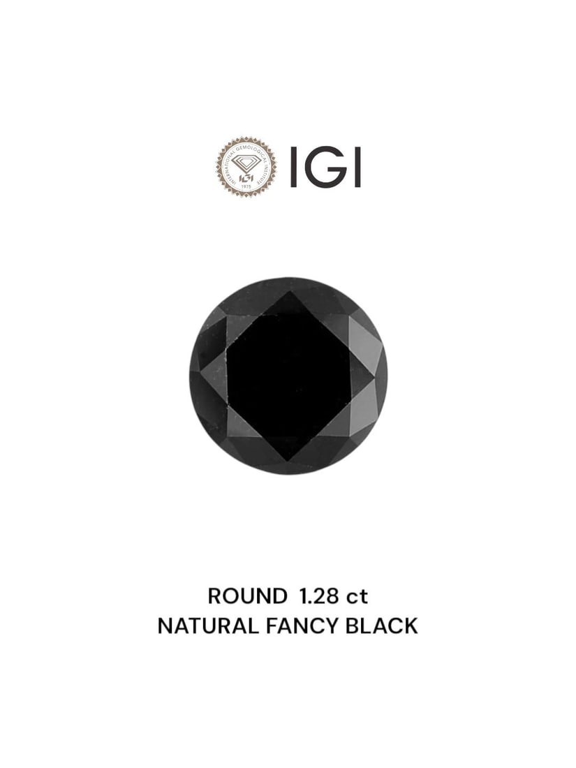 Loose Diamond - ROUND 1.28ct Fancy Black: Loose Diamond - ROUND 1.28ct Fancy Black Source: Natural Shape: ROUND Carats: 1.28 Color: Fancy Black Certification: IGI Video: