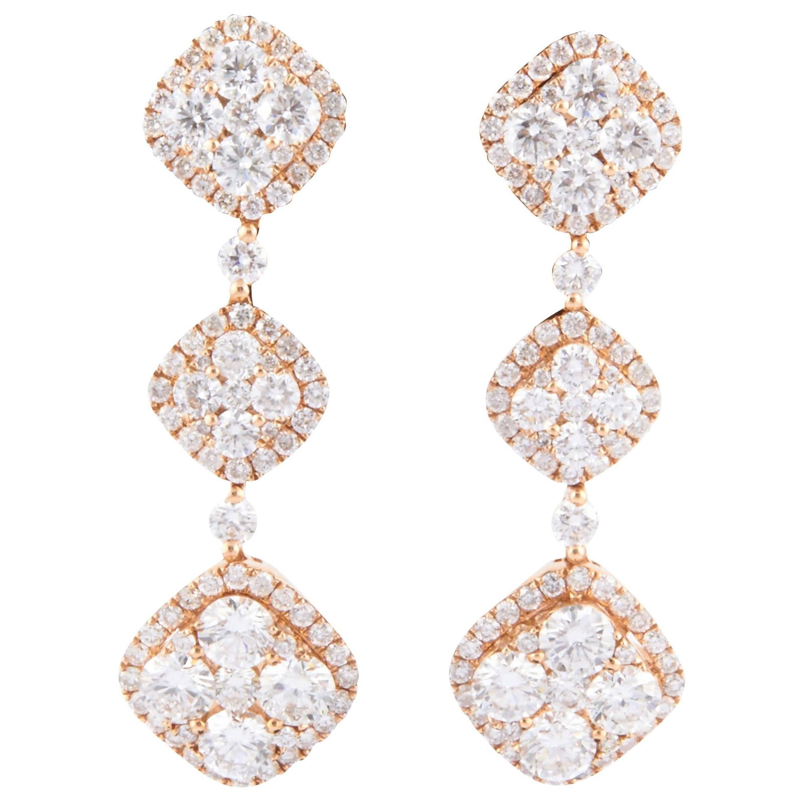 18k Rose Gold Diamond Contemporary Dangle Earrings with 2.60 Carat Total Weight: 18k Rose Gold Diamond Contemporary Dangle Earrings with 2.60 Carat Total Weight Elevate your elegance with these stunning Diamond Dangle Earrings. Crafted from luxurious 18k White Gold, these contempo