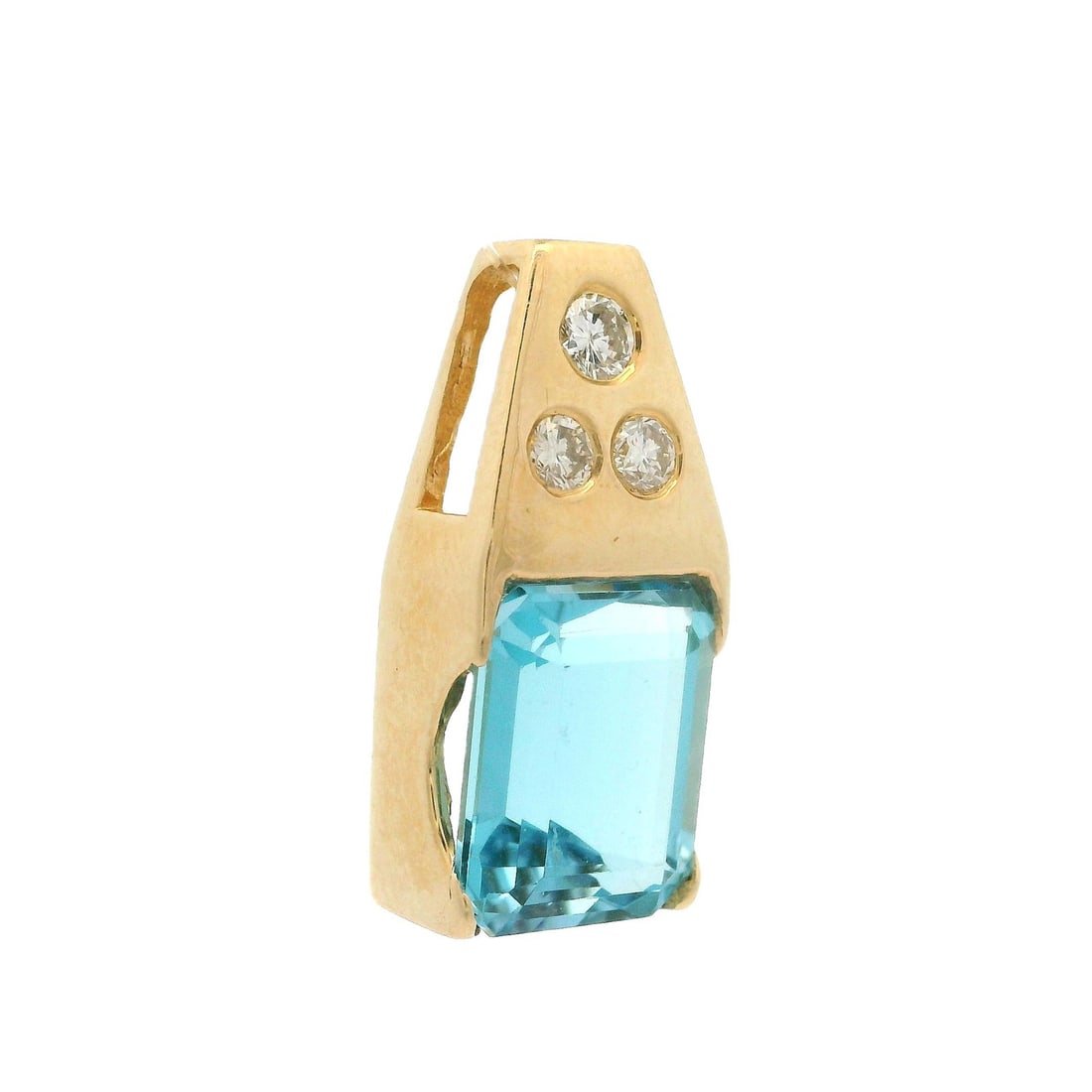 14k Yellow Gold Emerald Cut Blue Topaz & Diamond Charm Pendant: 14k Yellow Gold Emerald Cut Blue Topaz & Diamond Charm Pendant This exquisite charm pendant features a stunning emerald cut Swiss blue topaz, channel set in solid 14k yellow gold. The centerpiece is c