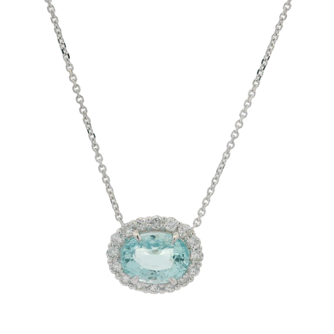 14k White Gold 3.66ctw Oval Aquamarine Diamond Halo Pendant Necklace: 14k White Gold 3.66ctw Oval Aquamarine Diamond Halo Pendant Necklace Elevate your jewelry collection with this stunning pendant necklace featuring a captivating oval aquamarine at its center. This pie