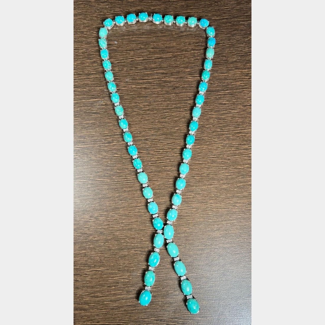 1960's 18K White Gold Persian Turquoise Diamond Necklace 125.2g 54 Stones: 1960's 18K White Gold Persian Turquoise Diamond Necklace 125.2g 54 Stones This exquisite 1960's necklace features 18K white gold adorned with authentic Persian turquoise and a stunning array of diamon