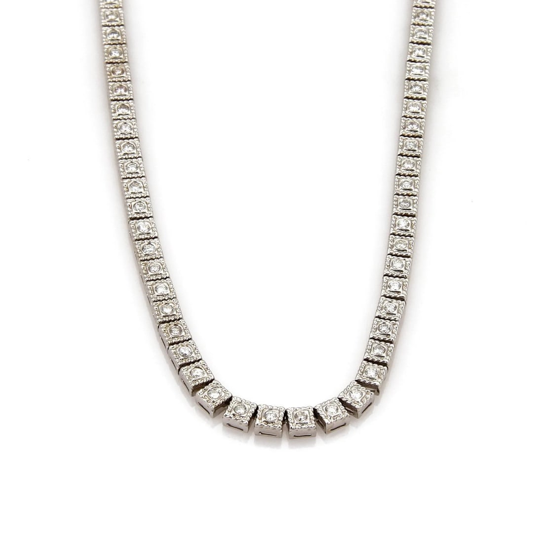 Elegant 3 ct Diamond Tennis Necklace in 14k White Gold: Elegant 3 ct Diamond Tennis Necklace in 14k White Gold This stunning diamond tennis necklace is crafted from 14k white gold and features a high polished finish. The design includes all-around square l