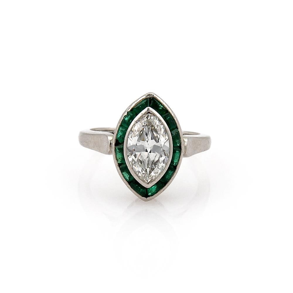 Art Deco Platinum Marquise Ring 1.35ct Diamond 60pts Emerald Size 5: Art Deco Platinum Marquise Ring 1.35ct Diamond 60pts Emerald Size 5 This exquisite vintage Art Deco ring is a stunning showcase of craftsmanship, featuring a striking marquise cut diamond weighing 1.3