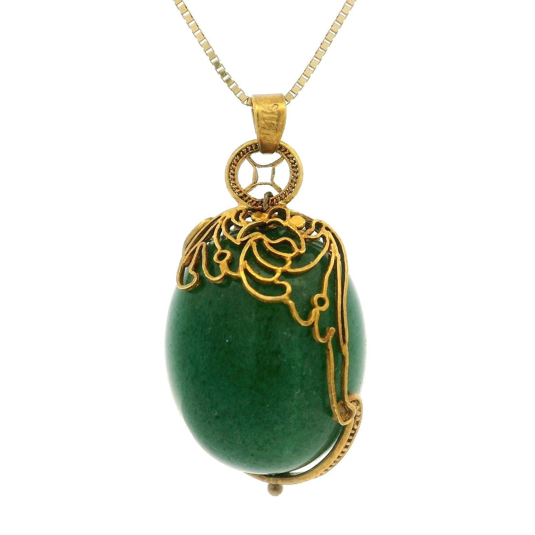 Vintage 14k Yellow Gold Aventurine Egg Pendant Necklace 18 Inch (1 of 9)