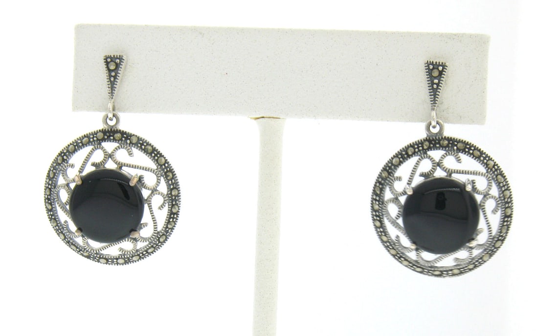 Elegant Marcasite Sterling Silver Black Onyx Dangle Earrings 33mm (1 of 3)