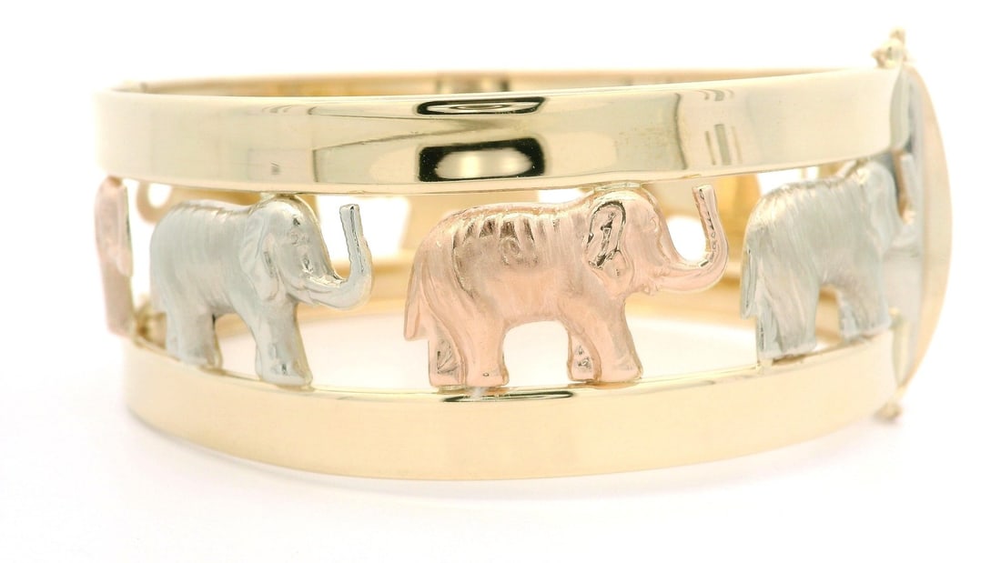 Italian 14k Tri Color Gold Elephant Hinged Bangle Bracelet (1 of 11)