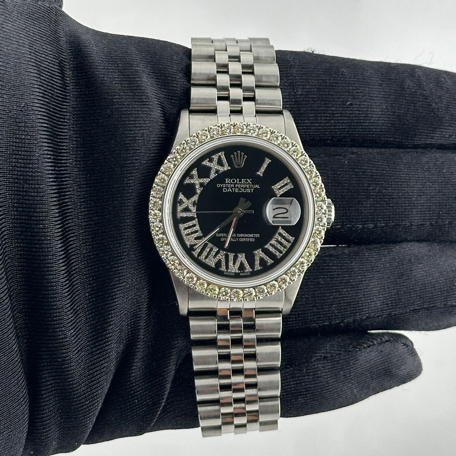 Rolex Datejust Ref 16030 Aftermarket Roman Diamond Dial Jubilee Watch: Rolex Datejust Ref 16030 Aftermarket Roman Diamond Dial Jubilee Watch This Rolex Datejust features an aftermarket Roman numeral diamond dial and a prong-set diamond bezel, complemented by a Jubilee br