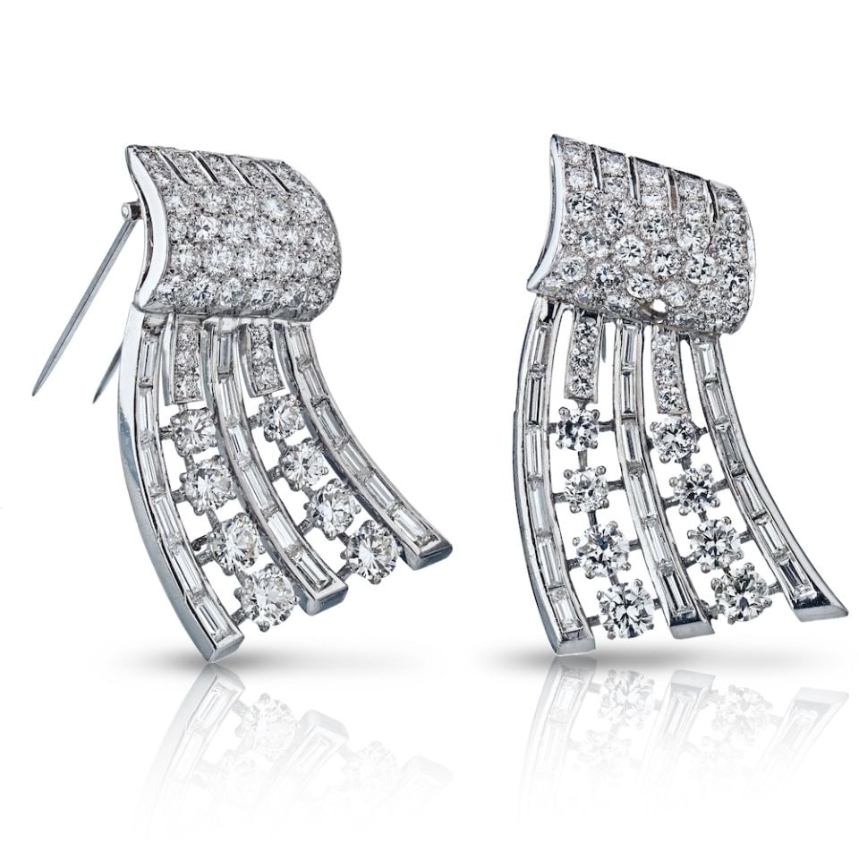 Art Deco Platinum Double Clip Brooch 15 Cts Diamonds 1930s (1 of 1)