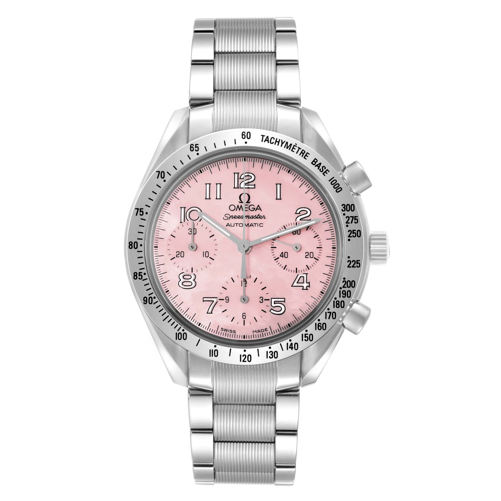 Speedmaster 39mm Stainless Steel Watch Ref 3502.78 Pink MOP Dial with Card: Speedmaster 39mm Stainless Steel Watch Ref 3502.78 Pink MOP Dial with Card Omega Speedmaster with a 39mm stainless steel case featuring a pink mother-of-pearl dial. This timepiece comes with a card an