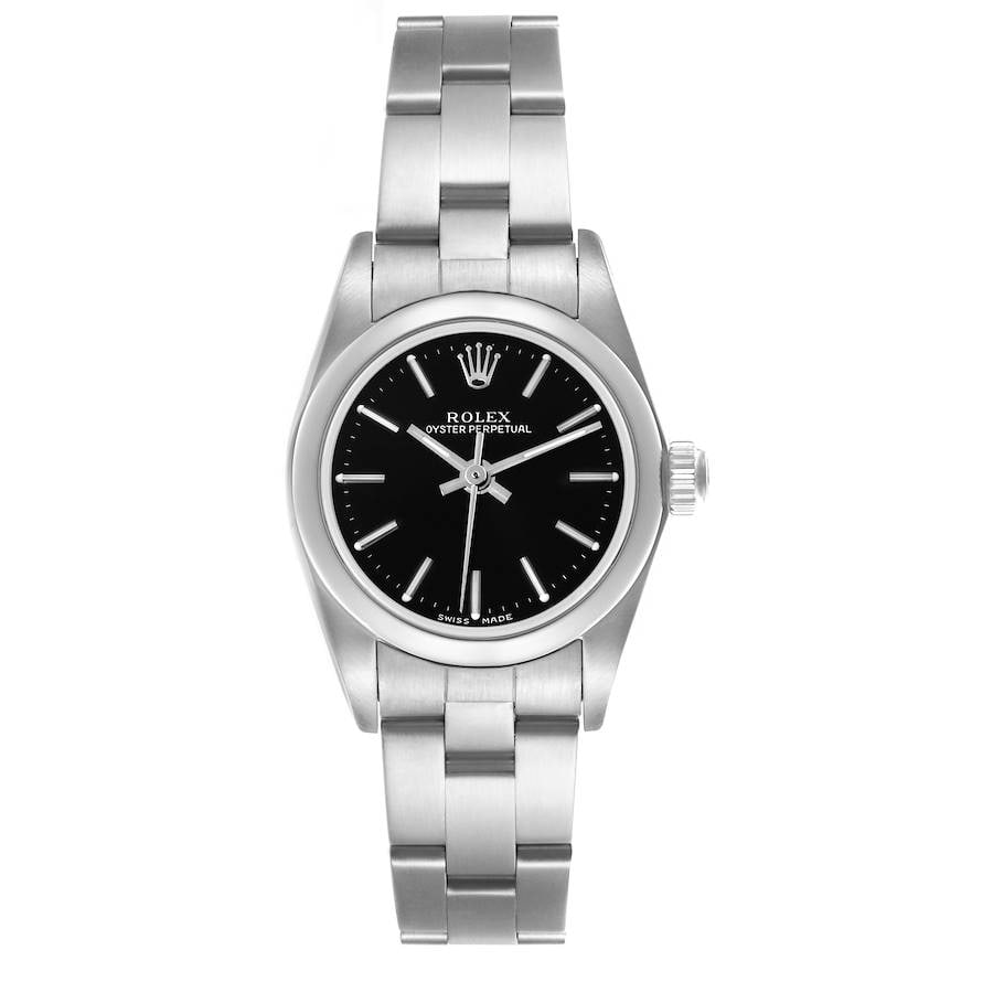 Ladies Rolex Oyster Perpetual Ref 76080 Black Dial Oyster Bracelet Watch: Ladies Rolex Oyster Perpetual Ref 76080 Black Dial Oyster Bracelet Watch This ladies' Rolex Oyster Perpetual watch features a black dial, smooth bezel, and the signature Oyster bracelet. The timepiece