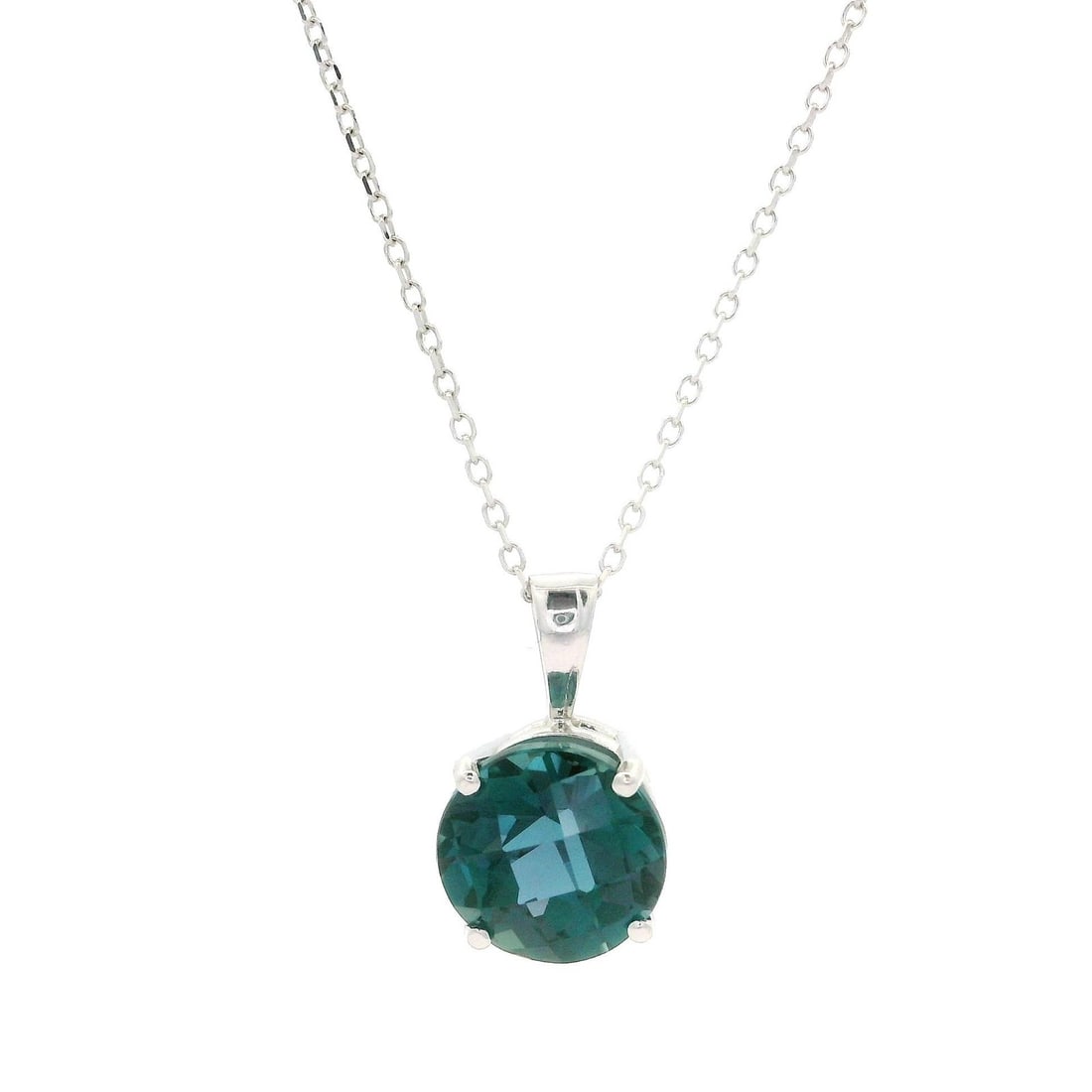 14k White Gold Teal Mystic Topaz Solitaire Pendant Necklace: 14k White Gold Teal Mystic Topaz Solitaire Pendant Necklace This exquisite pendant necklace features a stunning genuine Mystic Topaz in a round checkerboard cut, measuring approximately 8.04mm. The to