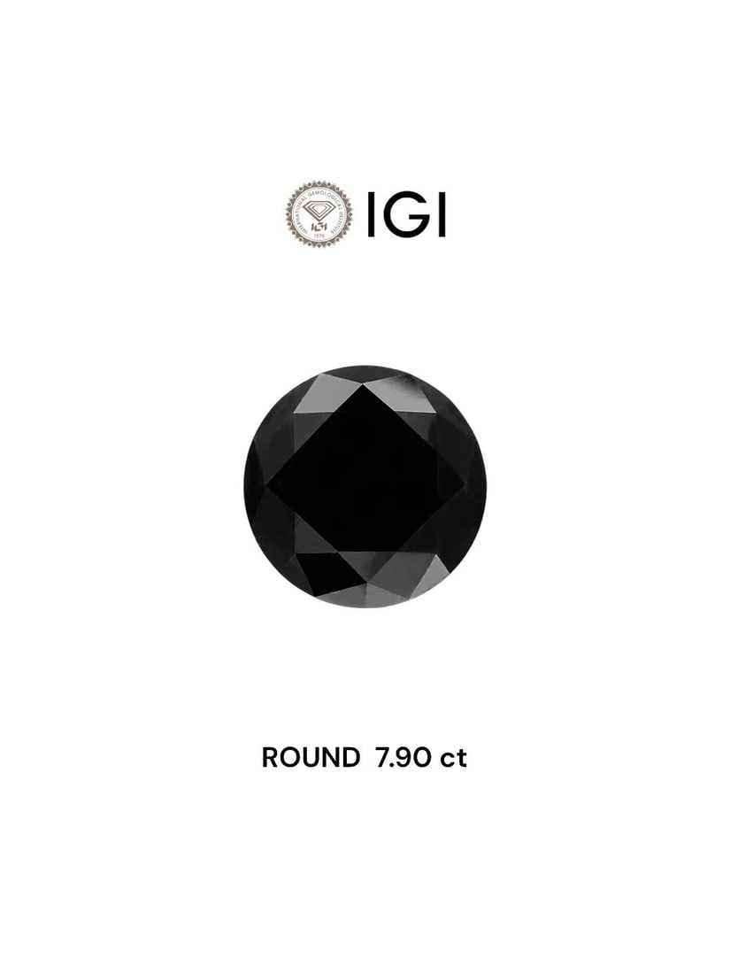 Loose Diamond - ROUND 7.9ct Fancy Black: Loose Diamond - ROUND 7.9ct Fancy Black Source: Natural Shape: ROUND Carats: 7.9 Color: Fancy Black Certification: IGI Video: