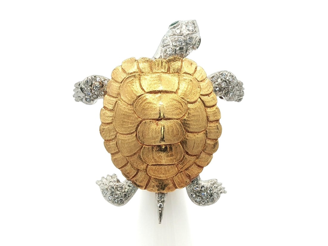 Vintage Moveable Turtle Brooch Pin Gold Platinum with Diamonds and Emeralds (1 of 12)