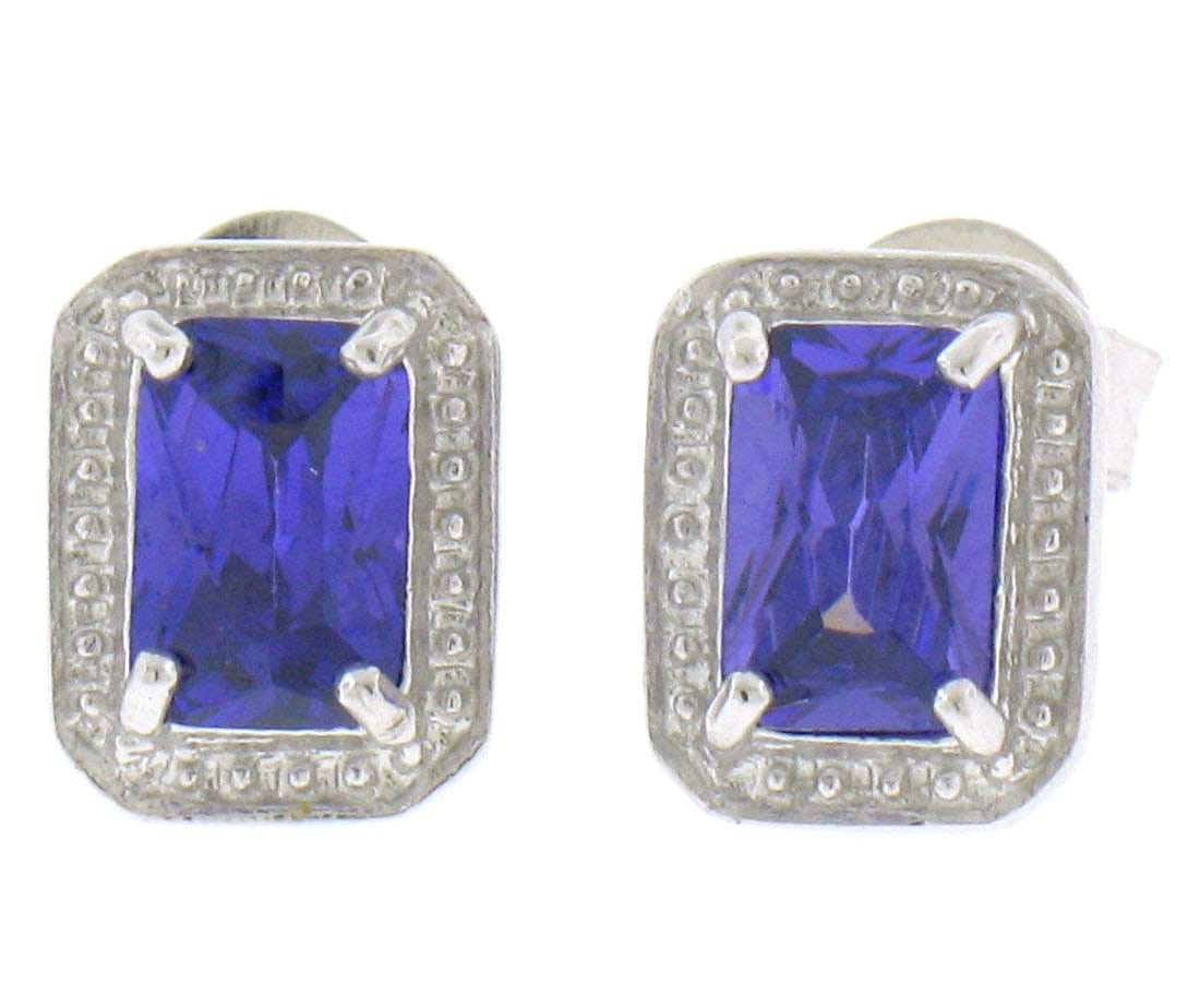 .925 Sterling Silver Rectangular Purple CZ Stud Earrings with Beaded Border (1 of 3)