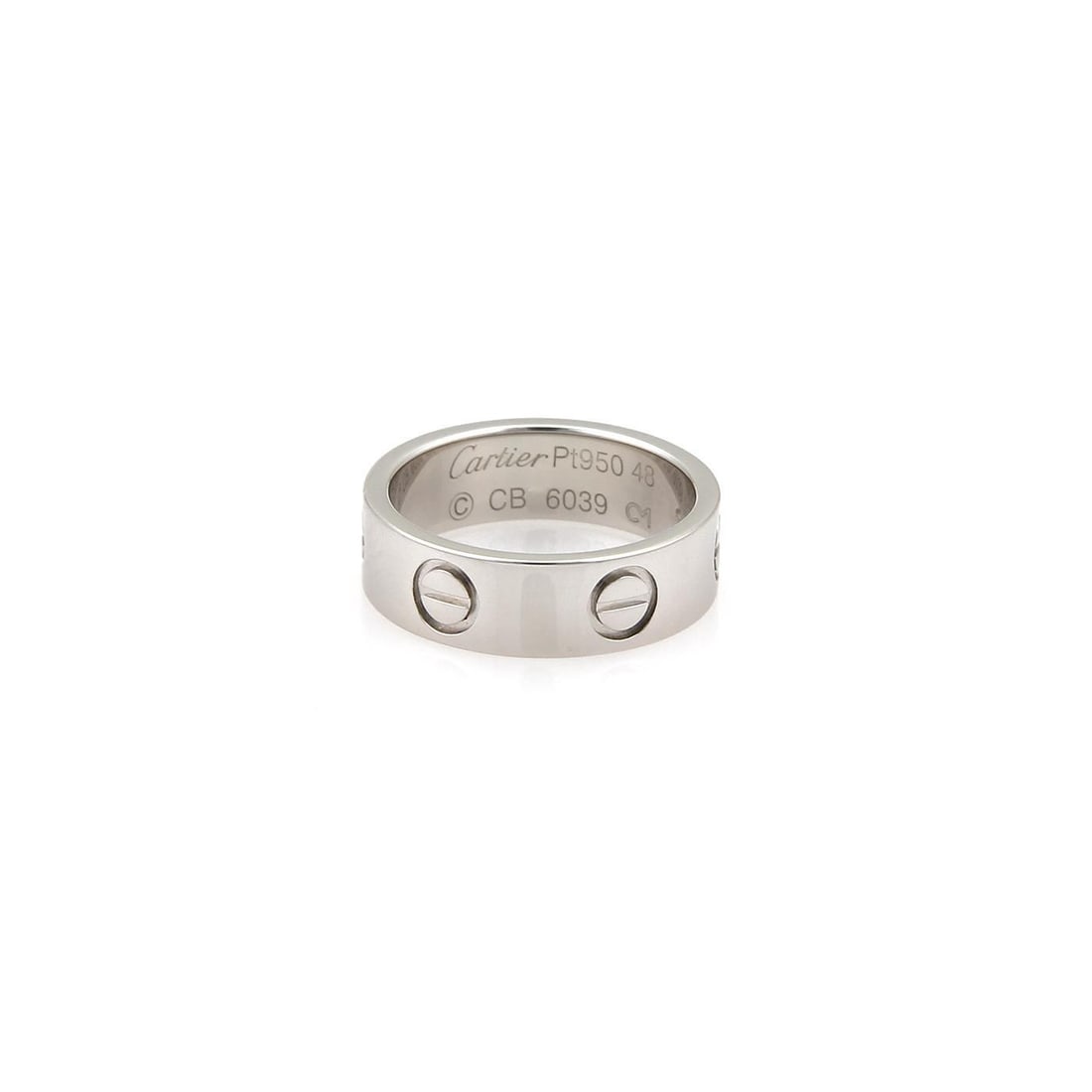 Cartier Love Platinum Band Ring 5.5mm Size EU 48-US 4: Cartier Love Platinum Band Ring 5.5mm Size EU 48-US 4 This exquisite authentic Cartier Love band ring is crafted from high-quality platinum, featuring a sleek polished finish. The ring showcases the i