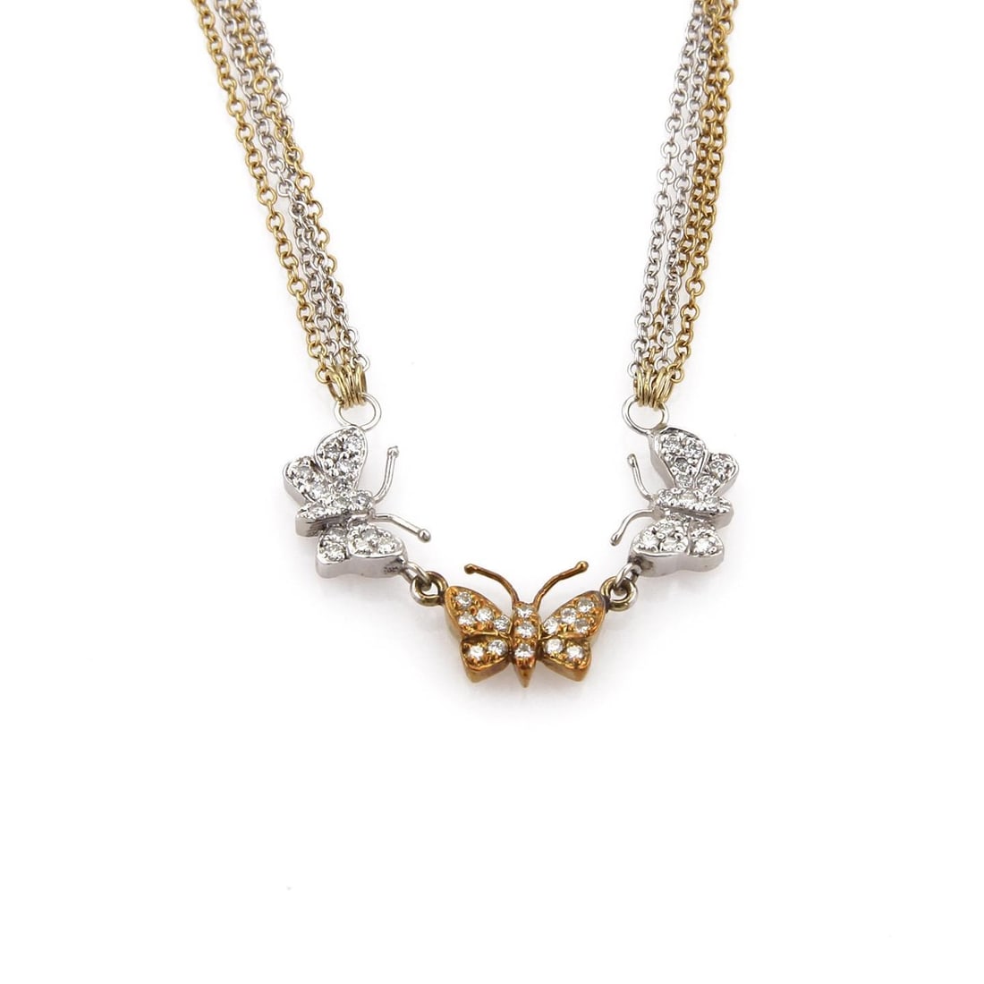 14k Two Tone Gold Butterfly Diamond Multi-Chain Necklace: 14k Two Tone Gold Butterfly Diamond Multi-Chain Necklace Elevate your jewelry collection with this stunning 14k Two Tone Gold Diamond Multi-Chain Necklace, featuring a delightful butterfly pendant. Th