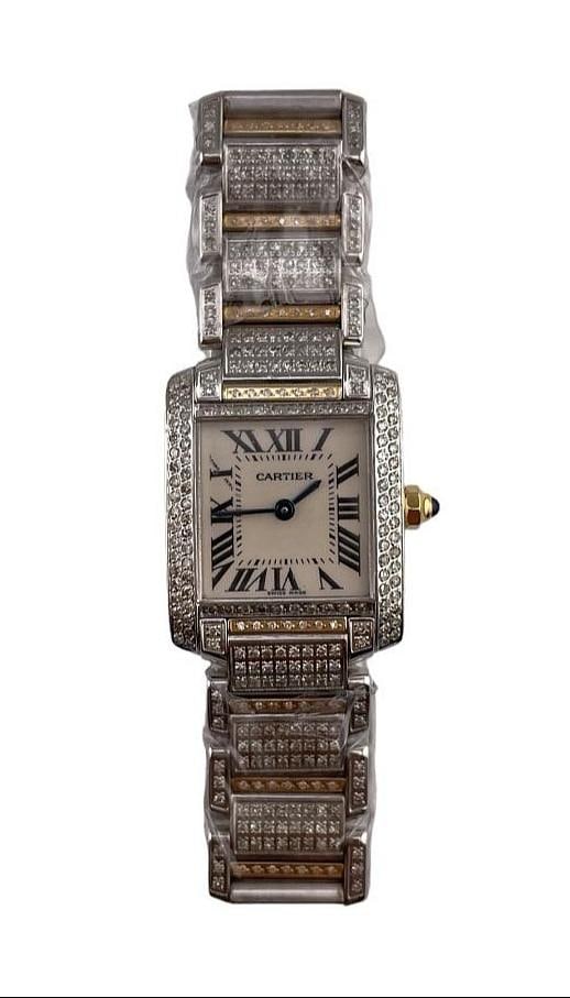 Ladies Cartier Tank Diamond Bezel and Bracelet Watch Ref 2384 Iced Out White Dial: Ladies Cartier Tank Diamond Bezel and Bracelet Watch Ref 2384 Iced Out White Dial This Cartier Tank Iced Out watch features a white dial, a diamond-set bezel, and a diamond bracelet. Designed for ladi