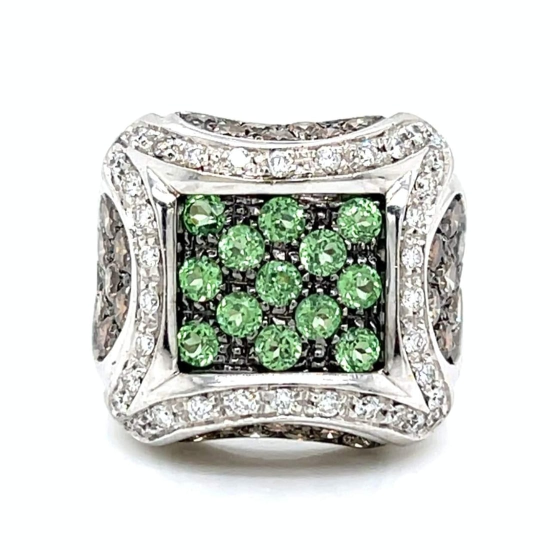 18K White Gold Ring with Champagne Diamonds and Tsavorite Garnets (1 of 4)