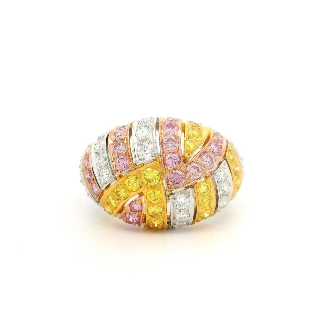 GIA Certified 1.49ct Fancy Yellow Pink Diamond Mosaic Ring in Solid Gold: GIA Certified 1.49ct Fancy Yellow Pink Diamond Mosaic Ring in Solid Gold This stunning domed mosaic ring features a unique design crafted from solid 18k yellow gold and is adorned with an impressive t