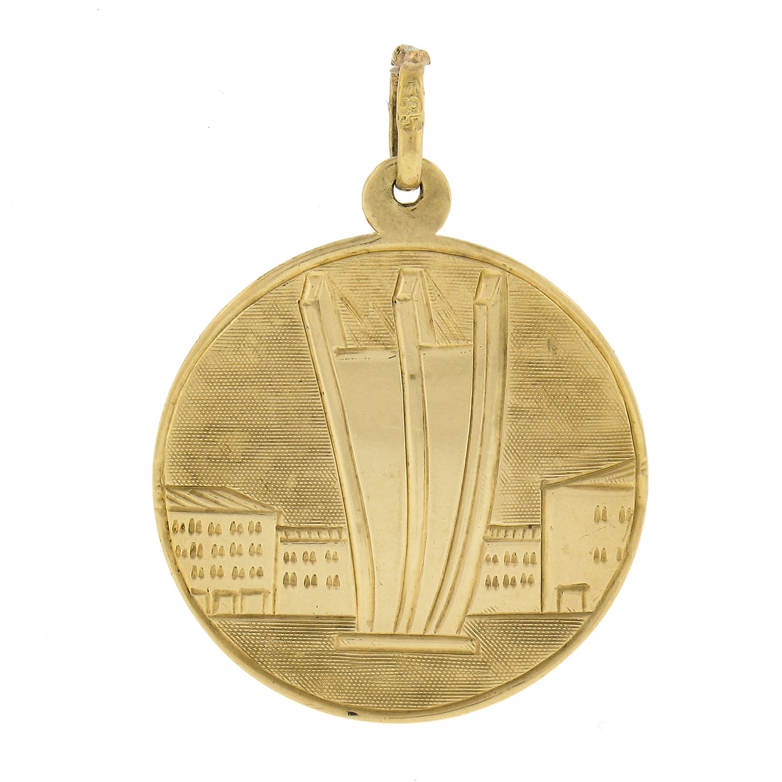 14k Yellow Gold Two Towers Medallion Charm Pendant with Dual Finish: 14k Yellow Gold Two Towers Medallion Charm Pendant with Dual Finish This exquisite medallion charm pendant is crafted from solid 14k yellow gold and showcases a beautifully detailed two towers design.