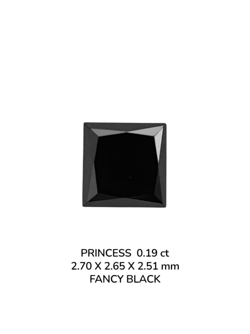 Loose Diamond - PRINCESS 0.19ct Fancy Black VVS2: Loose Diamond - PRINCESS 0.19ct Fancy Black VVS2 Source: Natural Shape: PRINCESS Carats: 0.19 Color: Fancy Black Certification: NONE The Diamond Depot Guarantee: All items in this auction are guarante