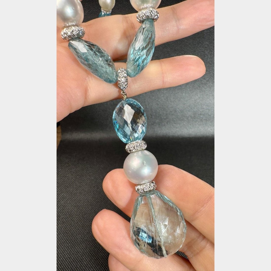JABEL Platinum 18K White Gold Aquamarine South Sea Pearl Diamond Necklace: JABEL Platinum 18K White Gold Aquamarine South Sea Pearl Diamond Necklace Experience luxury with this exquisite JABEL necklace featuring a stunning combination of Platinum and 18K White Gold. The piec