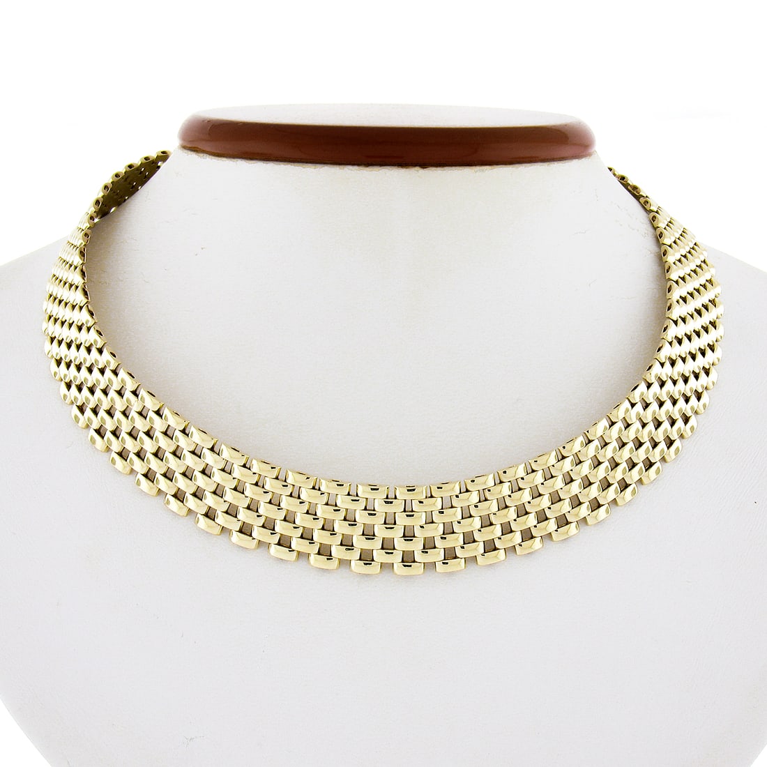 Italian 14K Yellow Gold 16" 7 Row Flat Panther Link Choker Necklace: Italian 14K Yellow Gold 16" 7 Row Flat Panther Link Choker Necklace This exquisite Italian 14K Yellow Gold choker necklace features a stunning 7-row flat panther link design, measuring 16 inches in we