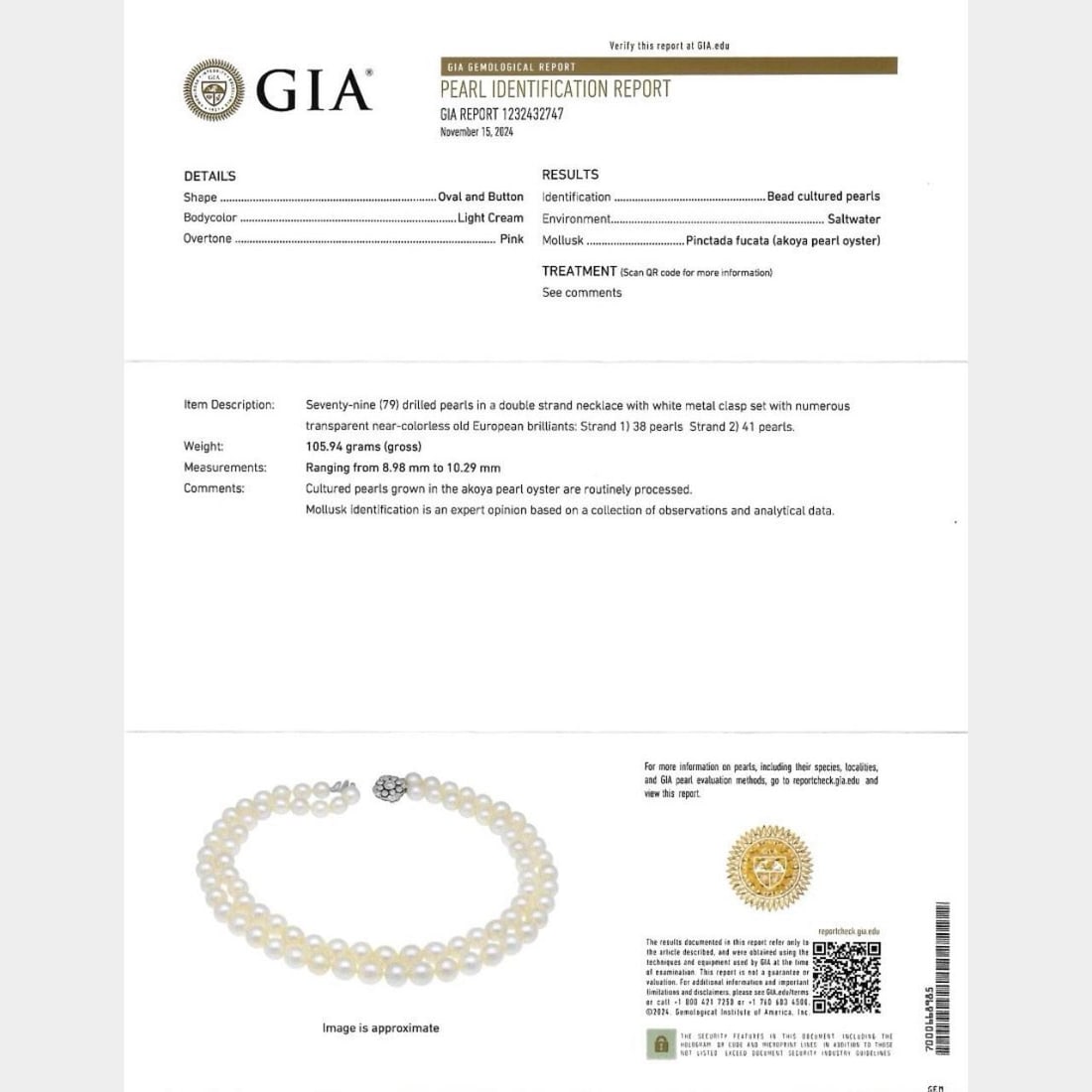 GIA Certified Art Deco Platinum Pearl and Diamond Necklace: GIA Certified Art Deco Platinum Pearl and Diamond Necklace This stunning Art Deco necklace features a luxurious design crafted in platinum, showcasing GIA Certified salt-water cultured pearls that mea