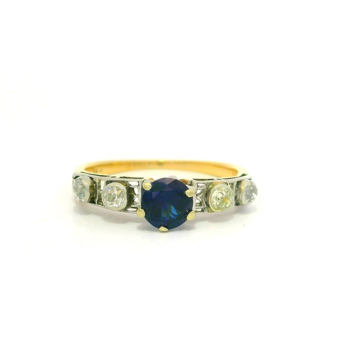 Antique Art Deco 5 Stone Ring Sapphire Diamond Yellow Gold Platinum: Antique Art Deco 5 Stone Ring Sapphire Diamond Yellow Gold Platinum This exquisite Antique Art Deco ring showcases a stunning 5-stone design featuring a central natural sapphire complemented by four s
