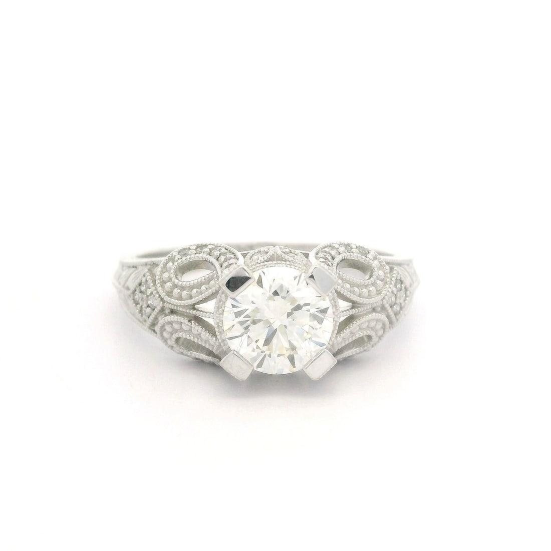Vintage Style 14k White Gold 1.46ctw IGI Diamond Milgrain Ring: Vintage Style 14k White Gold 1.46ctw IGI Diamond Milgrain Ring Introducing a vintage style cocktail ring crafted from solid 14k white gold, featuring exquisite milgrain engraved work. This stunning pi