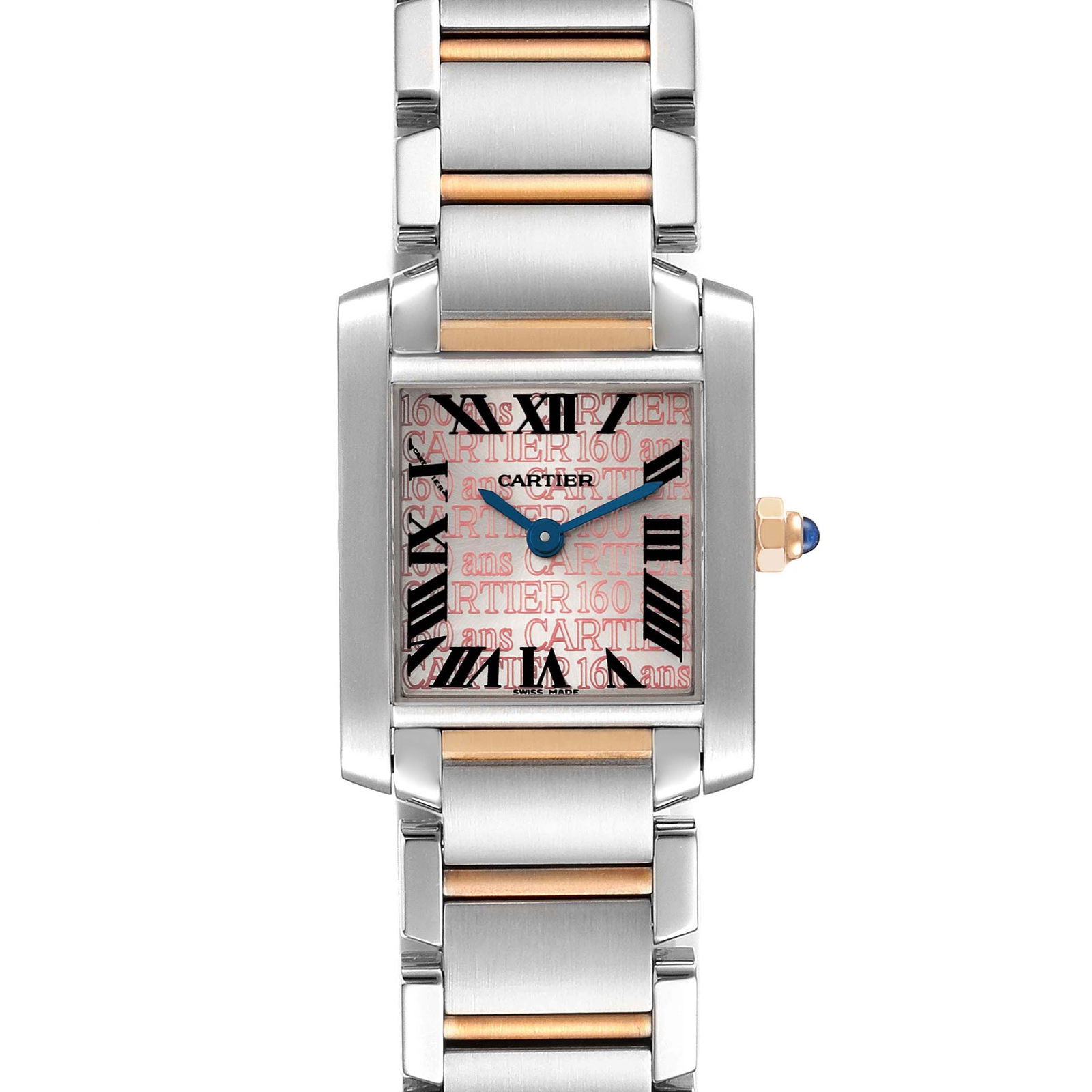 18k Rose Gold Steel Cartier Tank 28mm Reference 2384 Pink Face Watch: 18k Rose Gold Steel Cartier Tank 28mm Reference 2384 Pink Face Watch This Cartier Tank watch features a pink dial and is crafted from a combination of 18k rose gold and stainless steel. The timepiece