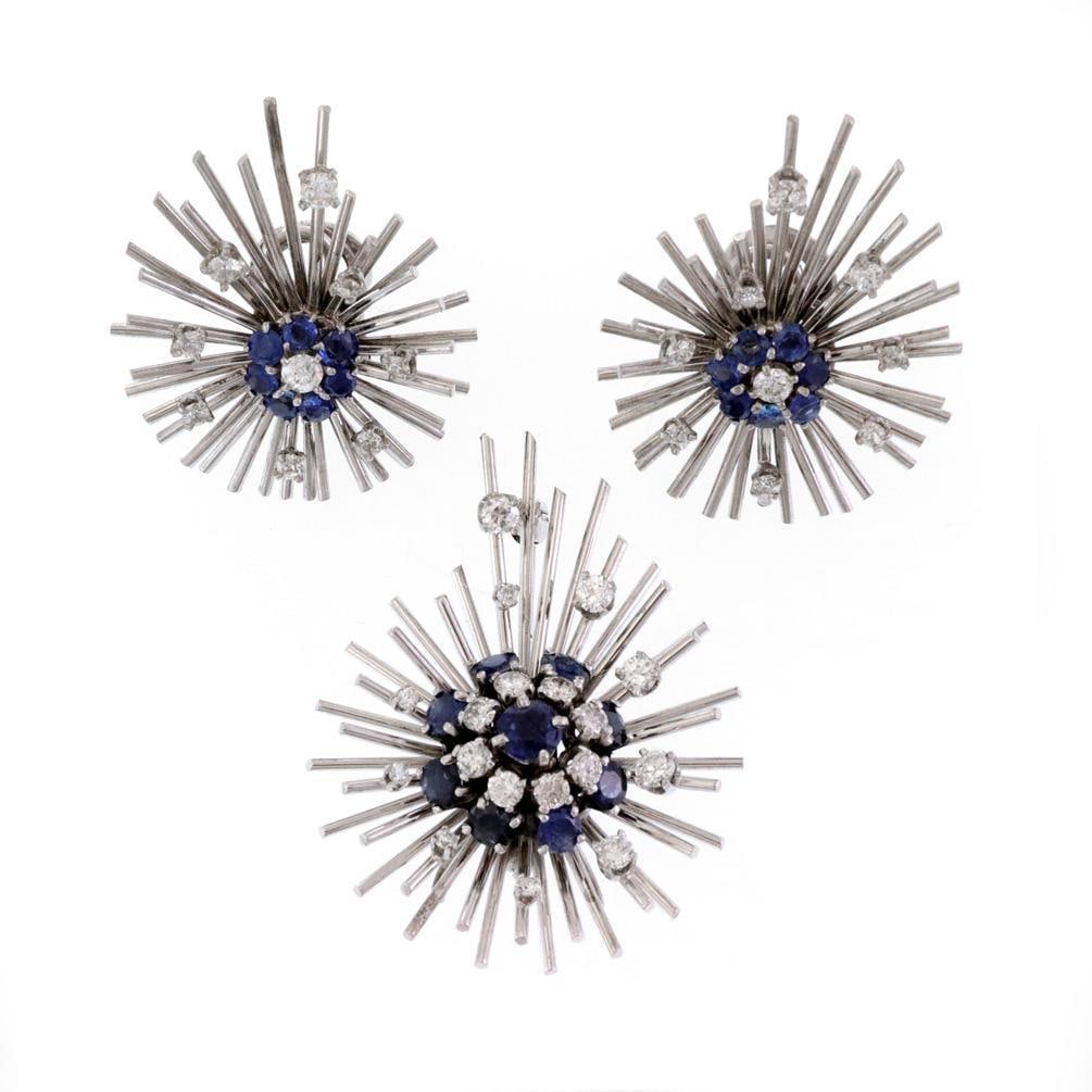 Art Deco 14k White Gold Diamond Sapphire Earrings Brooch Set: Art Deco 14k White Gold Diamond Sapphire Earrings Brooch Set This stunning Art Deco earrings and brooch set is expertly crafted from 14k white gold. The design features a series of polished spikes sur